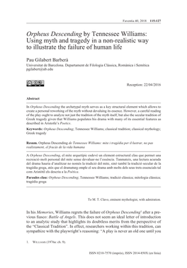 Orpheus Descending by Tennessee Williams: Using Myth and Tragedy in a Non-Realistic Way to Illustrate the Failure of Human Life