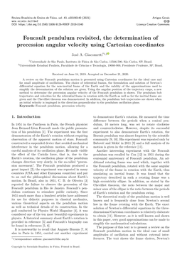 Foucault Pendulum Revisited, the Determination of Precession Angular Velocity Using Cartesian Coordinates