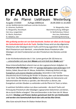 PFARRBRIEF Für Die Pfarrei Liebfrauen Westerburg Ausgabe 17/2020 Auflage:1000Stück 26.09.2020-11.10.2020 Mit Der Wallfahrtskirche Liebfrauen Und Den Kirchorten: St