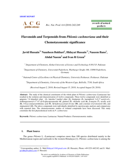 Flavonoids and Terpenoids from Phlomis Cashmeriana and Their Chemotaxonomic Significance