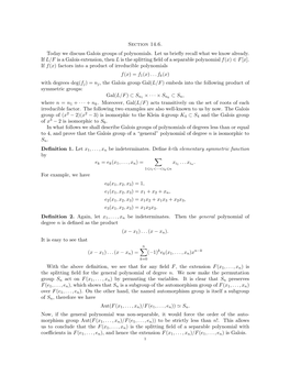 Section 14.6. Today We Discuss Galois Groups of Polynomials. Let Us Brieﬂy Recall What We Know Already