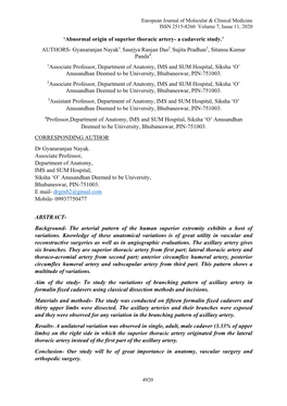 'Abnormal Origin of Superior Thoracic Artery- a Cadaveric Study