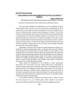 CHALLENGES of ANTI-PARLIAMENTARY POLITICAL CULTURE in ARMENIA Magda ARSENYAN Phd Student at Public Administration Academy of the Republic of Armenia