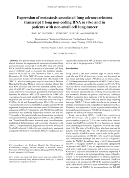 Expression of Metastasis‑Associated Lung Adenocarcinoma Transcript 1 Long Non‑Coding RNA in Vitro and in Patients with Non‑Small Cell Lung Cancer