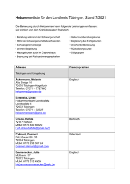 Hebammenliste Für Den Landkreis Tübingen, Stand 7/2021