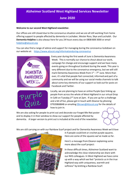 Alzheimer Scotland West Highland Services Newsletter June 2020