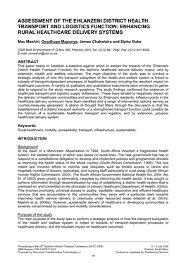 Assessment of the Ehlanzeni District Health Transport and Logistics Function: Enhancing Rural Healthcare Delivery Systems