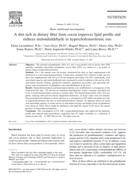 A Diet Rich in Dietary Fiber from Cocoa Improves Lipid Profile and Reduces