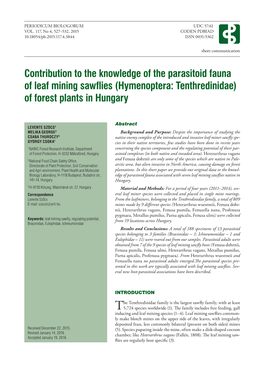 Contribution to the Knowledge of the Parasitoid Fauna of Leaf Mining Sawflies (Hymenoptera: Tenthredinidae) of Forest Plants in Hungary