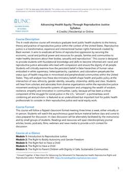 Advancing Health Equity Through Reproductive Justice Syllabus 4 Credits | Residential Or Online