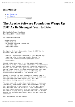 The Apache Software Foundation Wraps up 2007 As Its Strongest Year to Da 2008-05-15 21.45