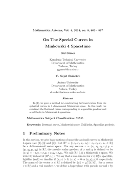 On the Special Curves in Minkowski 4 Spacetime 1 Preliminary Notes