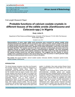 Histochemical Localization and Probable Functions of Calcium Oxalate Crystals in Cocoyams