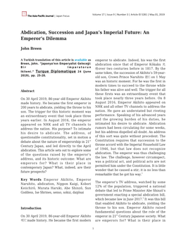 Abdication, Succession and Japan's Imperial Future: an Emperor's