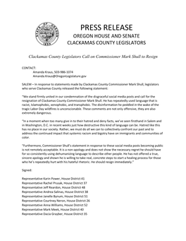 Press Release Oregon House and Senate Clackamas County Legislators