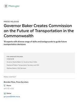 Governor Baker Creates Commission on the Future of Transportation In