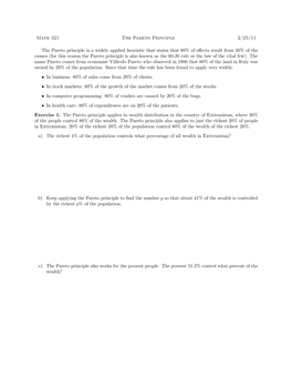 Math 321 the Pareto Principle 2/25/11 the Pareto Principle Is A