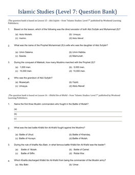 Islamic Studies (Level 7: Question Bank)