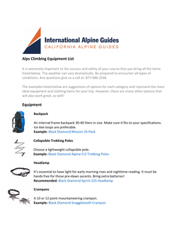 Alps Climbing Equipment List Equipment