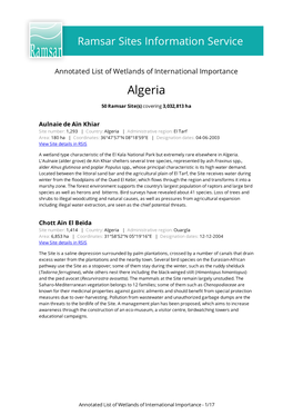 Annotated List of Wetlands of International Importance Algeria