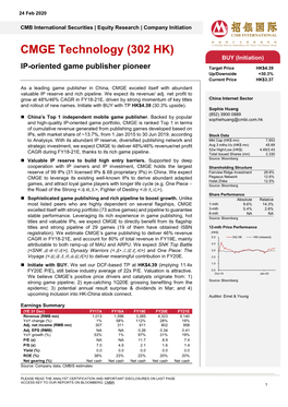 CMGE Technology (302 HK) BUY (Initiation)