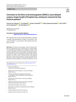 Correction To: Do Direct Oral Anticoagulants (Doacs) Cause Delayed Surgery, Longer Length of Hospital Stay, and Poorer Outcome for Hip Fracture Patients?