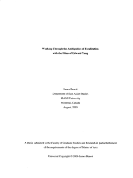 Working Through the Ambiguities of Focalization with the Films of Edward Yang James Benoit Department of East Asian Studies Mcgi