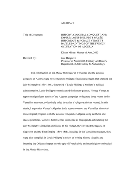 History, Colonial Conquest and Empire: Louis-Philippe’S Musée Historique & Horace Vernet’S Battle Paintings of the French Occupation of Algeria