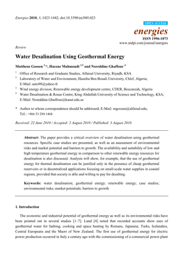 Water Desalination Using Geothermal Energy