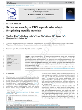 Review on Monolayer CBN Superabrasive Wheels for Grinding Metallic Materials, Chin J Aeronaut (2016)