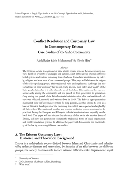 Conflict Resolution and Customary Law in Contemporary Eritrea: Case Studies of the Saho Community