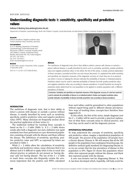 Understanding Diagnostic Tests 1: Sensitivity, Specificity and Predictive