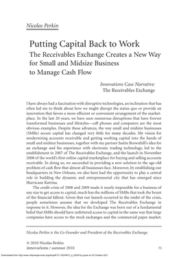 Putting Capital Back to Work the Receivables Exchange Creates a New Way for Small and Midsize Business to Manage Cash Flow