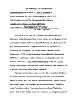 Food Preferences of Thai Adolescents and Their Mothers' Attitudes and Knowledge About Foods An&Nutritionu Abstract Approved:Redacted for Privacy Dr