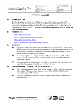 MCCRD-SOP0053 Annotation of Variants from Whole Version: 1.0 Exome Assay with Oncokb Effective Date: 1/13/2020 Page No.: Page 1 of 7