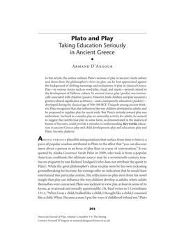 Plato and Play: Taking Education Seriously in Ancient Greece