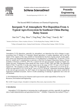 Inorganic N of Atmospheric Wet Deposition from a Typical Agro-Ecosystem in Southeast China During Rainy Season