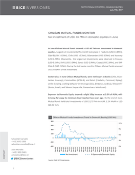 CHILEAN MUTUAL FUNDS MONITOR Net Investment of USD 46.7Mn in Domestic Equities in June