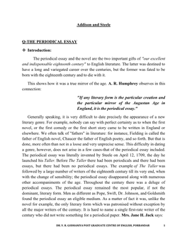 Addison and Steele Q-THE PERIODICAL ESSAY Introduction