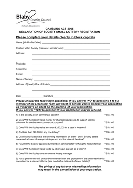 Gambling Act 2005 Declaration of Society Small Lottery Registration