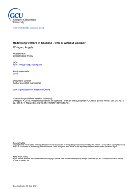 Redefining Welfare in Scotland - with Or Without Women? O'hagan, Angela