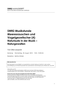 SWR2 Musikstunde Meeresrauschen Und Vogelgezwitscher (4) Naturlaute in Der Musik – Naturgewalten