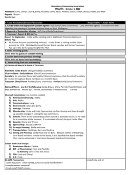 October 5, 2020 Attendees: Larry, Cheryl, Linda B, Emily, Paulette, Gerry, Kevin, Andrew, Gillian, Stefan, Jessica, Radha, and Matt Regrets: Wayne Guests: N/A