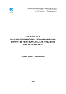 Ugr Interlagos Relatório Socioambiental – Programa Água Legal Distritos De Cidade Dutra, Grajaú E Parelheiros Município De São Paulo