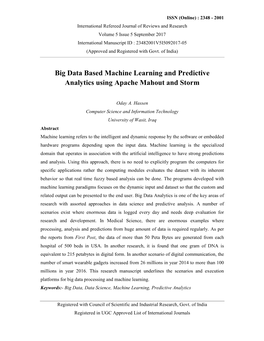 Big Data Based Machine Learning and Predictive Analytics Using Apache Mahout and Storm