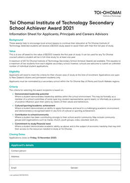 Toi Ohomai Institute of Technology Secondary School Achiever Award 2021 Information Sheet for Applicants, Principals and Careers Advisors