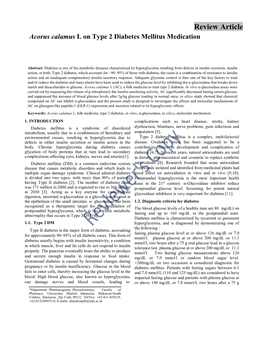 Review Article Acorus Calamus L on Type 2 Diabetes Mellitus Medication