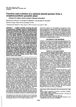 Nonphotosynthetic Parasitic Plant (Chloroplast DNA/Epifagus Virginiana/Transtdon/Rascriptlon/Photosyntbesis) KENNETH H