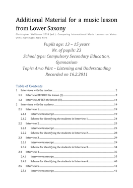 Additional Material for a Music Lesson from Lower Saxony, Christopher Wallbaum 2018 (Ed.): Comparing International Music Lessons on Video