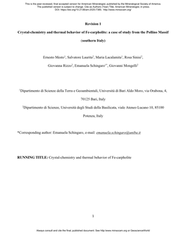 Revision 1 Crystal-Chemistry and Thermal Behavior of Fe-Carpholite: A